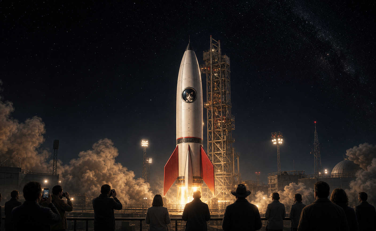 Mission C341 launch scene with spectators watching Felicette's rocket